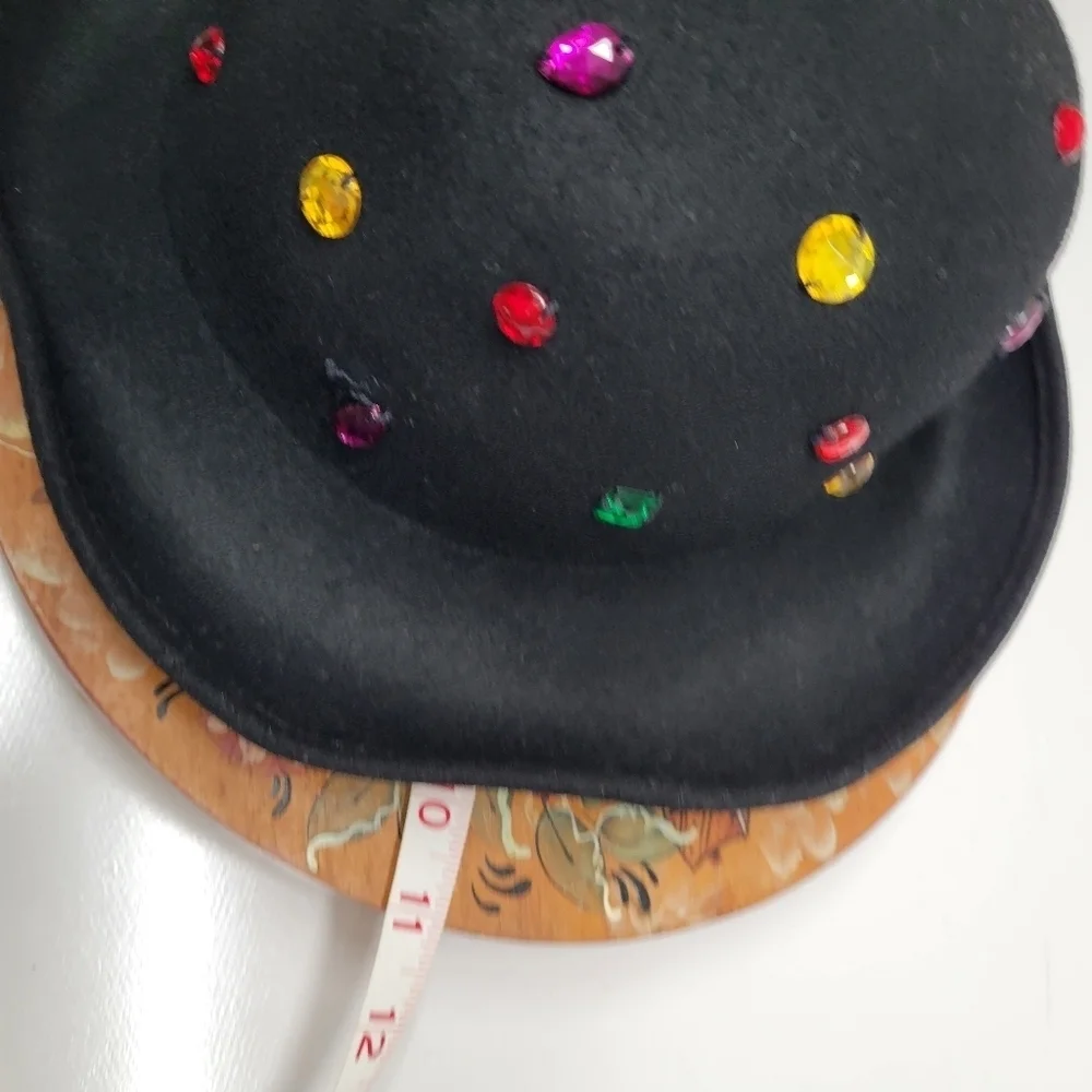 Vintage Wool Bejewled Made in Italy Black Hat Silver‎ Studs Felt 60s Retro - Picture 17 of 17